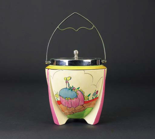 'Idyll' a  'Bizarre' 428 biscuit barrel with plated cover