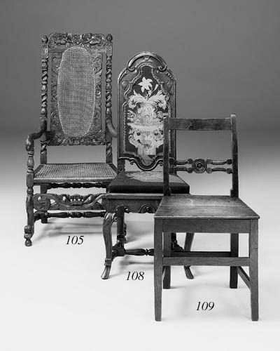 An oak and upholstered high-back side chair, early 18th century