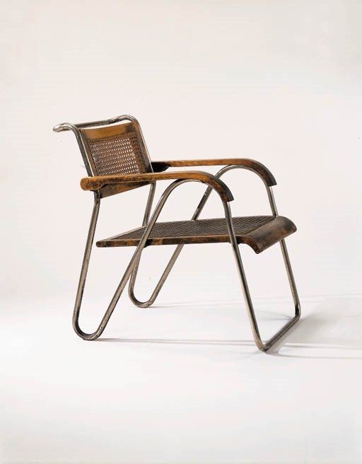 A RARE NICKEL-PLATED TUBULAR STEEL AND STAINED WOOD AND CANE ARMCHAIR, MODEL 8162
