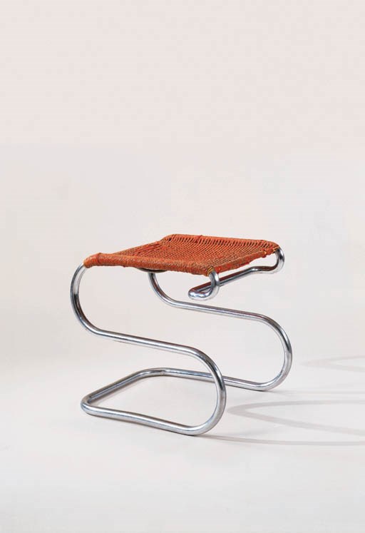 A CHROMIUM-PLATED TUBULAR STEEL AND RED STAINED CANE STOOL, MODEL FH51g