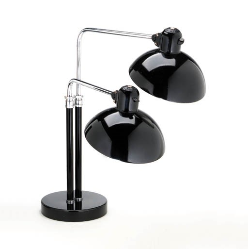 A CHROMED AND BLACK-ENAMELED METAL ADJUSTABLE DOUBLE STUDENT LAMP