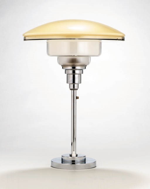A CHROMED METAL AND GLASS TABLE LAMP, MODEL T4