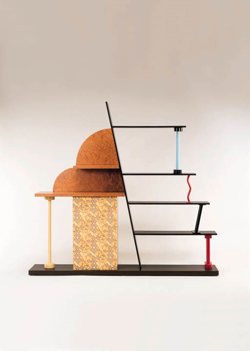 'MALABAR', A LAMINATED AND POLYCHROMED BRIAR WOOD AND METAL ETAGERE