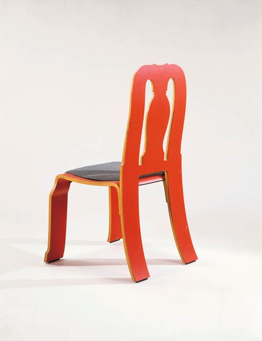 A 'QUEEN ANNE' RED LAMINATED PLYWOOD SIDE CHAIR