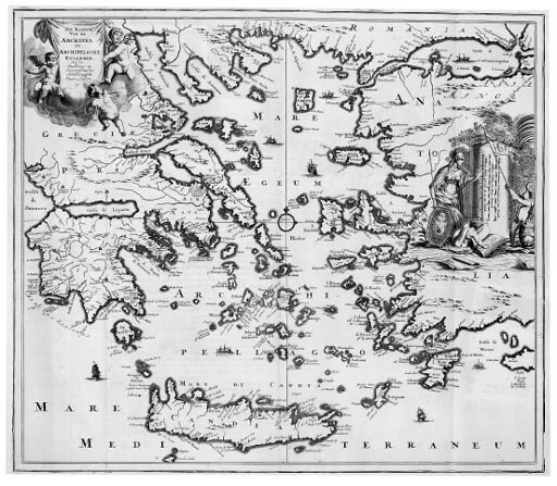 DAPPER, Olfert (d.1690). Naukeurige Beschryving der Eilanden in de Archipel der Middelantische Zee. Amsterdam: Wolfgangh, Waesbergen, Boom, Someren & Goethals, 1688. Title in red and black. Engraved additional title, 32 maps, plates and plans (1 folding, 17 double-page), 47 engraved illustrations. (one map just shaved into plate area, a few small marginal repairs, more particularly to D2 in the first part and ii2 in the second.)