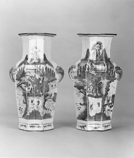 A pair of Chinese blue and white flattened octagonal vases