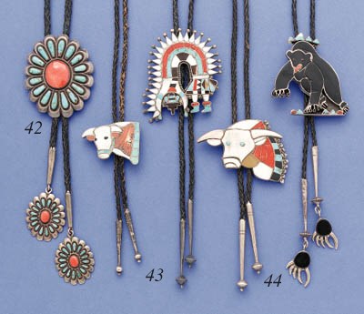 TWO ZUNI SILVER TURQUOISE, CORAL, JET, SHELL AND MOTHER-OF-PEARL BOLO TIE PLAQUES