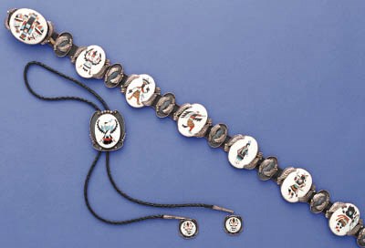 A ZUNI SILVER, TURQUOISE, CORAL, JET, SHELL, MOTHER-OF-PEARL AND HIDE BELT AND BOLO TIE