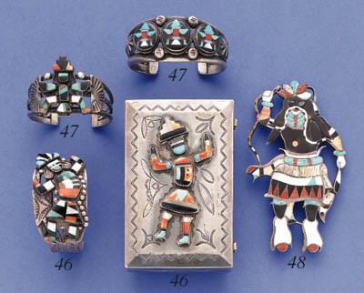 A ZUNI SILVER, STONE AND SHELL BOLO TIE PLAQUE