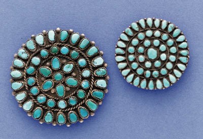 TWO ZUNI SILVER AND TURQUOISE PINS