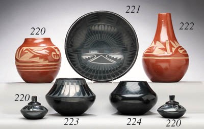 A SANTA CLARA REDWARE JAR AND TWO LIDDED BLACKWARE JARS