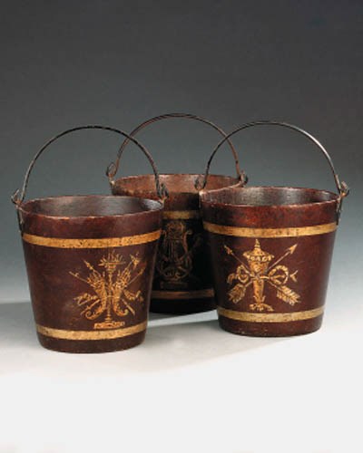Three French papier mch buckets, 20th century