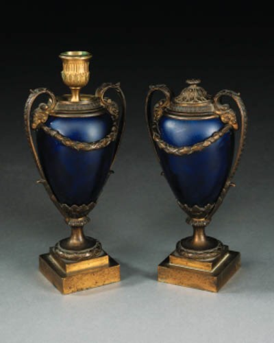 A pair of French gilt bronze mounted blue porcelain cassolettes, late 19th century