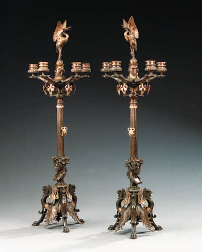 A pair of French bronze five light candelabra, circa 1880