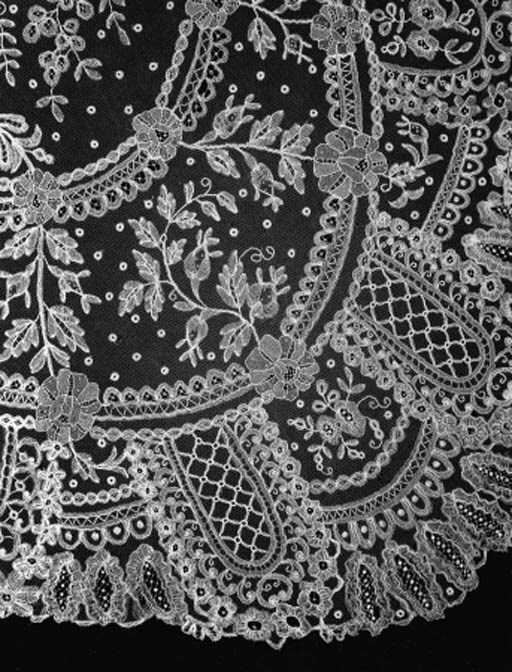 A LONG DEEP PANEL OF FINE MIXED BRUSSELS BOBBIN AND NEEDLEPOINT APPLIQU LACE, PROBABLY FOR A SKIRT, THE BASE WORKED THE UNDULATING BANDS, THE REST OF THE FIELD WITH LARGE GROUPS OF FLOWERS AND SPOTS-- 208 X 40IN. (528 X 102CM.), LATE 19TH CENTURY