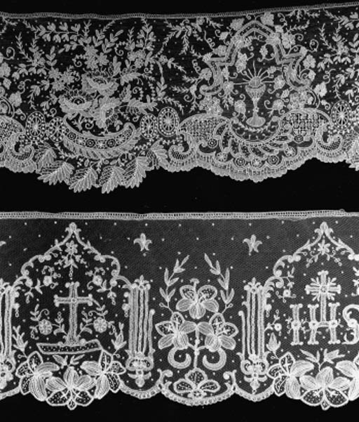 A FLOUNCE OF FINE BRUSSELS POINT DE GAZE LACE, ALSO WITH A REPEAT OF CARTOUCHES INFILLED WITH IHS AND A CROSS AND WITH CHALICES, WORKED WITH ROSES WITH TIERED PETALS, ORNATE SCROLLS AND MEDALLIONS--180 X 8IN. (460 X 20CM.), THIRD QUARTER 19TH CENTURY; AND ANOTHER FLOUNCE OF BRUSSELS BOBBIN APPLIQU LACE, WORKED WITH IRIS AND A SIMILAR REPEAT OF IHS, A CROSS AND A CHALICE--196 X 9.75IN. (500 X 25CM.)