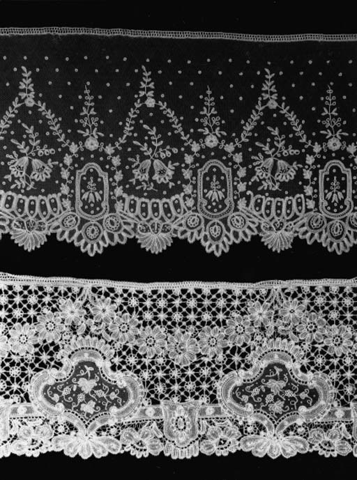 AN UNUSUAL FINE FLOUNCE OF BRUSSELS MIXED LACE, WORKED WITH A TRELLIS DESIGN AND AN UNDULATING BAND OF FLOWERHEADS, AT INTERVALS WITH A NEEDLELACE CARTOUCHE OF GRAPES--180 X 8.25IN. (456 X 21CM.), THIRD QUARTER 19TH CENTURY; AND ANOTHER FLOUNCE OF FINE BRUSSELS BOBBIN APPLIQU LACE, WITH A DELICATE FLORAL DESIGN--136 X 10IN. (344 X 25.5CM.)