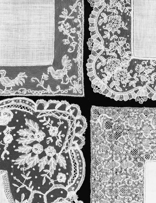 A HANDKERCHIEF, WITH A BORDER OF MECHLIN LACE WORKED WITH CHICKENS--10.5IN. (27CM.) SQUARE; ANOTHER WITH A BORDER OF SIMILAR LACE WITH A FLORAL MOTIF--10.75IN. (27.5CM.) SQUARE; ANOTHER WITH A DEEP BINCHE BORDER--9.75IN. (25CM.); TWO WITH FINE BRUSSELS BOBBIN APPLIQU LACE BORDERS; ONE WITH A BRUSSELS POINT DE GAZE BORDER; AND ONE OTHER