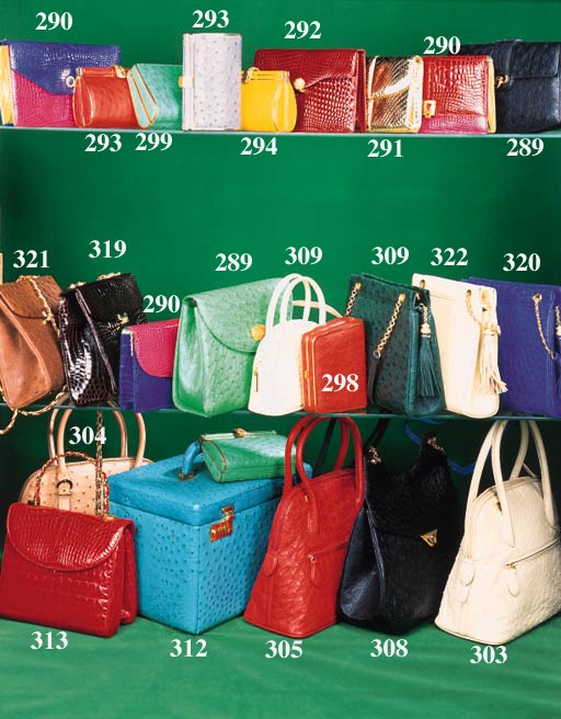 A HANDBAG OF BRIGHT GREEN OSTRICH SKIN, WITH GOLD NUGGET CLASP AND EXTERIOR POCKET, WITH DETACHABLE LEATHER AND GOLD CHAIN CLASPS, THE INTERIOR FITTED WITH POCKETS AND A MATCHING PURSE AND MIRROR, STAMPED ASPREY--8IN. (20CM.) BASE; AND A RECTANGULAR HANDBAG OF BLACK OSTRICH SKIN, WITH DETACHABLE LEATHER AND GOLD CHAIN STRAPS, THE INTERIOR FITTED WITH POCKETS AND A MATCHING PURSE AND MIRROR, STAMPED AS ABOVE--9IN. (23CM.) BASE