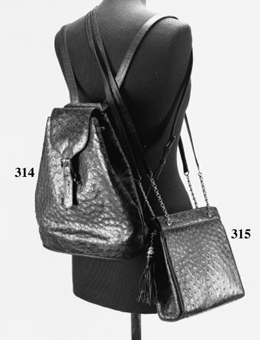 A SQUARE SHAPED HANDBAG OF BLACK OSTRICH SKIN, WITH A LEATHER AND GOLD CHAIN STRAP, THE ZIP FASTENING EMBELLISHED WITH A LARGE BLACK TASSEL, THE INTERIOR FITTED WITH POCKETS AND WITH AN OSTRICH BACKED MIRROR WITH METAL HANDLE, STAMPED ASPREY--8IN. (20CM.) BASE; AN EVENING BAG OF WHITE OSTRICH SKIN, OF BOX FORM WITH METAL FRAME, WITH DETACHABLE GOLD CHAIN AND LEATHER STRAPS, THE INTERIOR FITTED WITH MATCHING PURSE AND MIRROR, STAMPED ASPREY LONDON--6.25IN. (16CM.) BASE; AND A SMALL HANDBAG OF LIGHT BEIGE ALLIGATOR SKIN, WITH TWO RIGID HANDLES AND A DETACHABLE LEATHER STRAP, THE INTERIOR FITTED WITH A POCKET AND WITH AN ALLIGATOR BACKED MIRROR WITH METAL HANDLE, STAMPED ASPREY--6.5IN. (16.5CM.) BASE