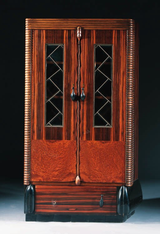 A WALLNUT, THUYA AND COROMANDEL DISPLAY CABINET