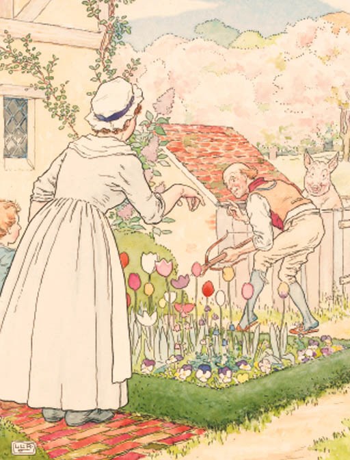A small Quantity of unframed Watercolours for The Tailor and the Crow by Leonard Leslie Brooke (1863-1940), including: Front cover design; Sing heigh, ho, the carrion crow; Fol de riddle, and others, all signed with initials