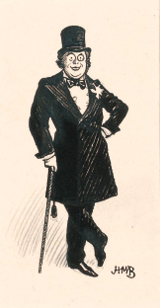 A small quantity of unframed drawings by Henry Mayo Bateman (1887-1970), including: A gentleman in a top hat; A marching guardsman; Study of a waiter, and others, two signed with initials