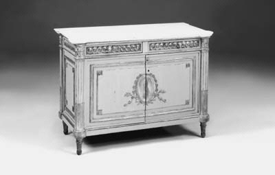 A grey painted and parcel gilt commode, 20th century