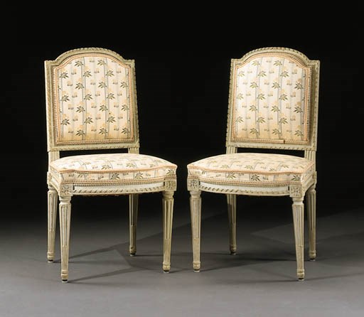 A SET OF TEN LOUIS XVI GREY-PAINTED CHAISES A LA REINE