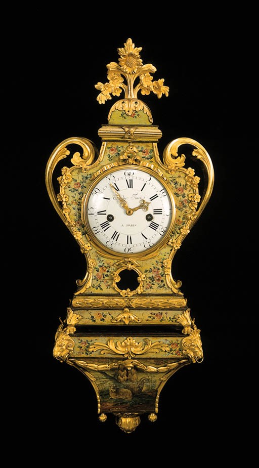 A LATE LOUIS XV/LOUIS XVI TRANSITIONAL ORMOLU-MOUNTED GREEN AND POLYCHROME VERNIS MARTIN BRACKET CLOCK