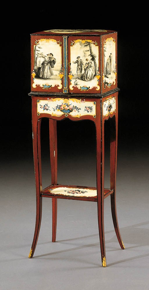 A LOUIS XV VERNIS MARTIN AND GRISAILLE-PAINTED CABINET ON STAND