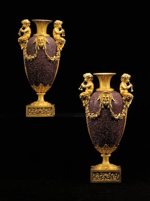 A PAIR OF LOUIS XVI ORMOLU-MOUNTED PORPHYRY VASES