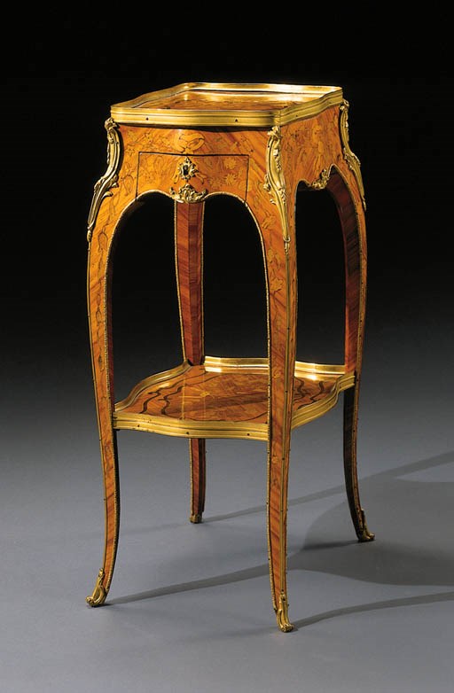 A LOUIS XV ORMOLU-MOUNTED TULIPWOOD AND MARQUETRY TABLE EN CHIFFONNIERE