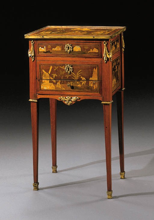 A LOUIS XVI ORMOLU-MOUNTED AMARANTH AND WHITE-METAL-INLAID TULIPWOOD, AMARANTH AND MARQUETRY TABLE EN CHIFFONNIERE