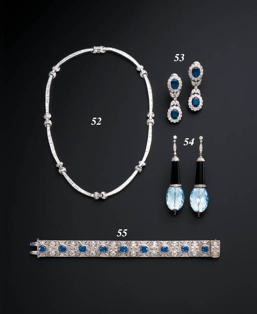 A PAIR OF AQUAMARINE AND RUBY BEAD, DIAMOND AND BLACK ENAMEL EAR PENDANTS