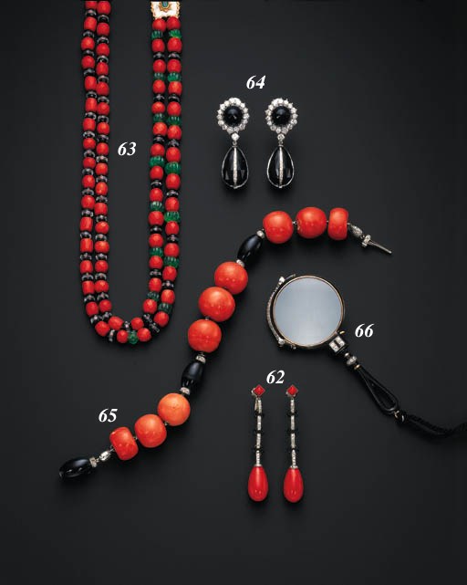 A TWO-STRAND CORAL, EMERALD, BLACK ONYX AND ROCK CRYSTAL NECKLACE, MARIO BUCCELLATI