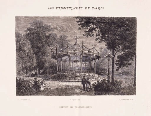 ALPHAND, Jean Charles Adolphe. Les Promenades de Paris. Paris: 1867-73. 2 vols., large folio, 22 chromolithographed plates of plants, 105 steel-engraved and mounted wood-engraved plates, original morocco-backed green cloth gilt. 	 (2)
