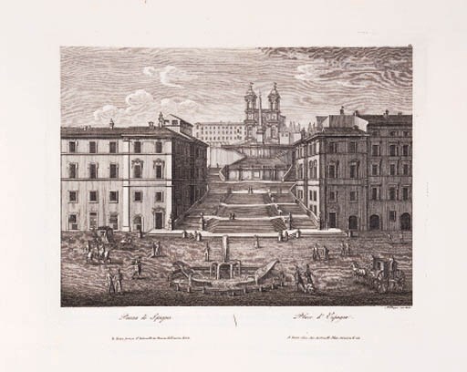 ANTONELLI, Giacomo (publisher). Nuova raccolta delle principali vedute antiche e moderne dell alma citta' di Roma e sua vicinanze. Rome: G. Antonelli, [1829]. Oblong folio, 50 numbered engraved plates by Parbone, Rugo and Acquaroni, one lithographed plate at end (some spotting, occasional light creasing), later calf-backed boards (spine torn); and a smaller volume of Rome views. 	 (2)