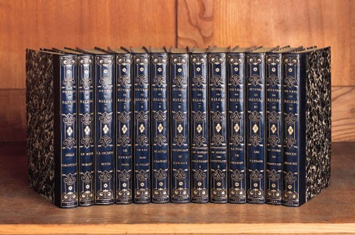 BALZAC, Honoré de. Oeuvres complètes. Paris: 1900-08. 50 vols., 8°, plates, contemporary blue quarter calf and marbled boards, flat spines lettered and ornately decorated in gilt, original wrappers bound in. 	 (50)