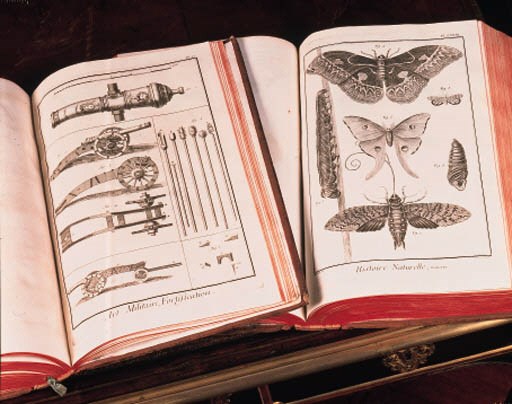 DIDEROT, DENIS and Jean Le Rond D'ALEMBERT, editors. Encylopédie, ou dictionnaire raisonné des sciences, des arts et des métiers, par une société de gens de lettres. [I-VII] Paris: 1751-1757; [VIII-XVII] Neuchatel: 1765. -- Recueil de planches, sur les sciences, les arts libéraux, et les arts méchaniques, avec leur explication. [I-XI] Paris: 1762-1772. -- Supplément à l'Encylopédie, ou dictionnaire raisonné des sciences, des arts et des métiers, edited by Jean Baptiste René Robinet. [I-IV] Amsterdam: 1776-1777.-- Suite du recueil de planches, sur les sciences, les arts liberaux, et les arts méchaniques, avec leur explication. Paris and Amsterdam: 1777. -- Table analytique et raisonnée des métieres contenues dans les XXXIII volumes in-folio du Dictionnaire des sciences, des arts, et des métiers, et dans son supplément, edited by Pierre Mouchon. [I-II] Paris and Amsterdam: 1780. Together 35 volumes, folio, approximately 2,796 engraved plates, several folding typographical tables, one large folding engraved Tree of Knowledge plate in the Table analytique (this severely torn, some occasional dampstaining and browning, affecting text more often than plates.) Near uniform contemporary French cat's paw calf, spines in gilt compartments with morocco lettering-pieces (lightly rubbed). 	 (35)