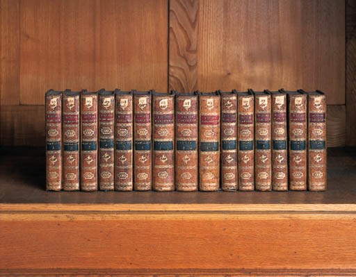 HUME, David.  Histoire d'Angleterre.  Amsterdam, London and Paris: 1769-1809.  19 vols. in 15, 12°, engraved plates and maps, some folding, contemporary French tree calf, flat gilt spines with morocco lettering pieces (extremities a little worn). Mixed editions. 	 (15)