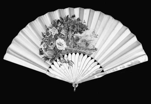 A fan signed H. &. C. Rowley, pint., the satin leaf painted with a lady dressed in mauve with a fur trimmed jacket, her reticule with monogram CH, her cloaked beau raises his plumed hat as he strolls towards a bridge, a castle and moors beyond whilst Cupid watches, the scene is half framed with a spray of anenome, sweet peas, lily of the valley and wild roses with dewdrops and a butterfly, a bee and ladybirds, with a robin in the foreground, with mother of pearl sticks - 12in. (32cm.), English, circa 1880 - in Duvelleroy box (lower guardstick has been repaired)