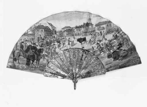A Bullfight, the canepin verso with monogram E.M.R signed J. Montell, the verso also signed H. Bach. Madrid, the smokey grey mother of pearl sticks pierced and gilt with flowers - 11in. (28cm.), circa 1870
