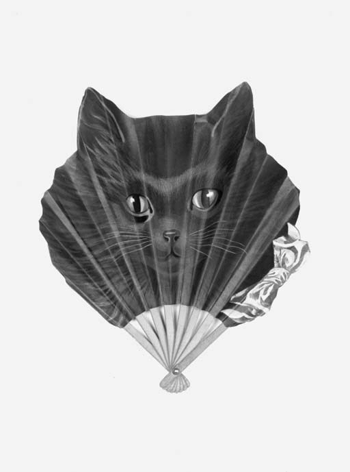 Le Chat, a chromolithographic fan probably by Thomasse, the verso stamped Duvelleroy Paris, the wooden sticks painted grey - 9in. (23cm.), circa 1905