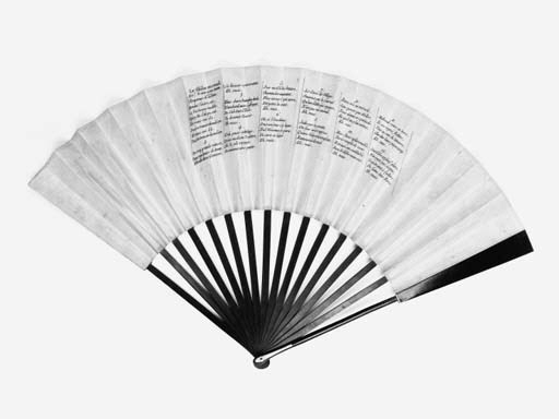 A rare printed ballooning fan, the leaf a hand-coloured etching of elegant figures and a monk watching Mongolfier's first free balloon ascent at Versailles on 23 September 1783 through telescopes, the reserves with putti with telescopes and two verses of a song, to the tune Jardinier ne vois tu pas the verso with the song  Le Globe en Retard which refers to Gonesse, where Mm Charles & Robert's attempt crashed on 27 August, 1783 and to Blanchard the aeronaut's attempt in March 1784 which did not go to plan and to Malbrouk (The Duke of Marlborough) and a partial eclipse, with wooden sticks - 11in. (28cm.), French, late March or April 1784; and a French printed fan - circa 1830 - both in a stencilled box with double compartment inscribed Twee Mooije Waaijers [two beautiful fans]