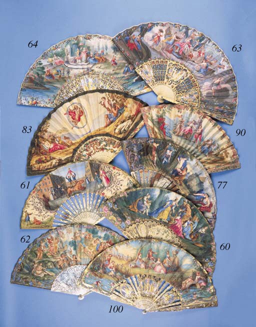 Equestrian acrobats, a fan, the leaf painted with three acrobats watched by punchinello and townspeople in a town square, probably after a continental print, the ivory sticks carved and pierced with sheep, the guardsticks with chinoiserie figures, and painted with flowers - 10in. (25cm.), English, circa 1760 (three sticks repaired)