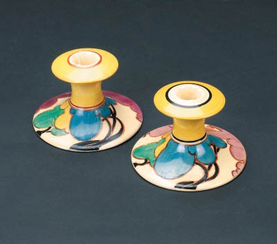 'Autumn' a  'Fantasque Bizarre' pair of candlesticks