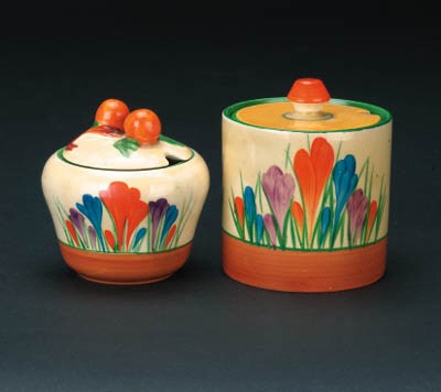 'Crocus' a  'Bizarre' Cylindrical preserve pot and cover