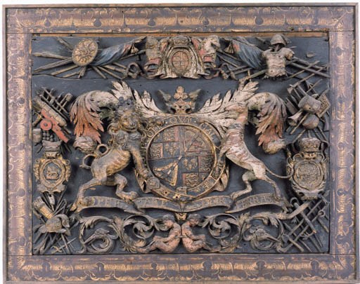 A polychrome carved wood panel of the Duke of Grafton's Arms, bearing the date 1687