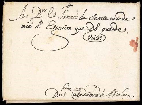 cover 1624 entire letter from "Da La Casa di Malaca" addressed to Holy House of Mia (Misericordia), Mercy of Esqueiro (near Avieiro, Portugal) and showing, on reverse, fine red wax seal. A very early letter from Malacca. Photo